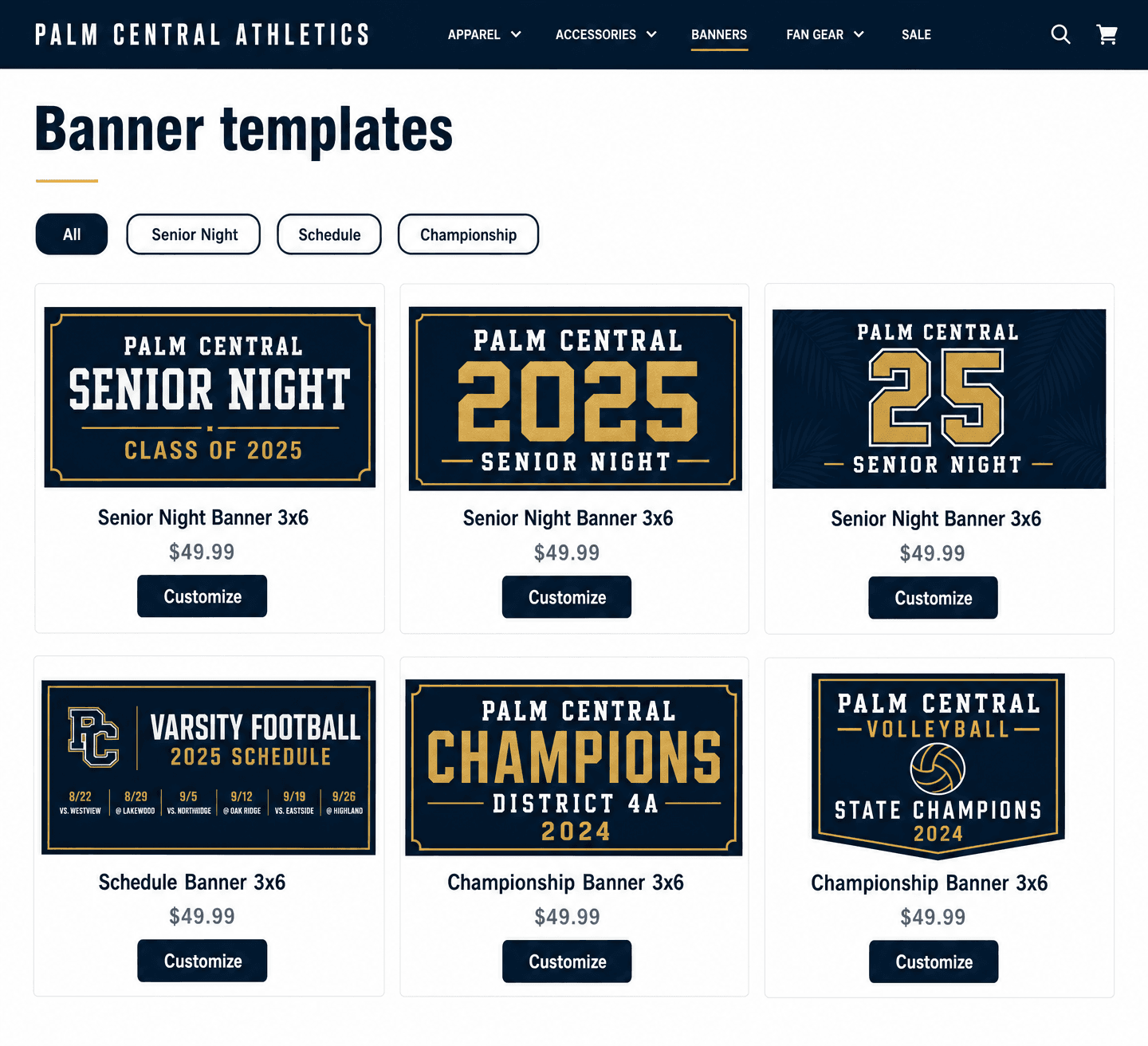 Palm Central Athletics team store catalog page