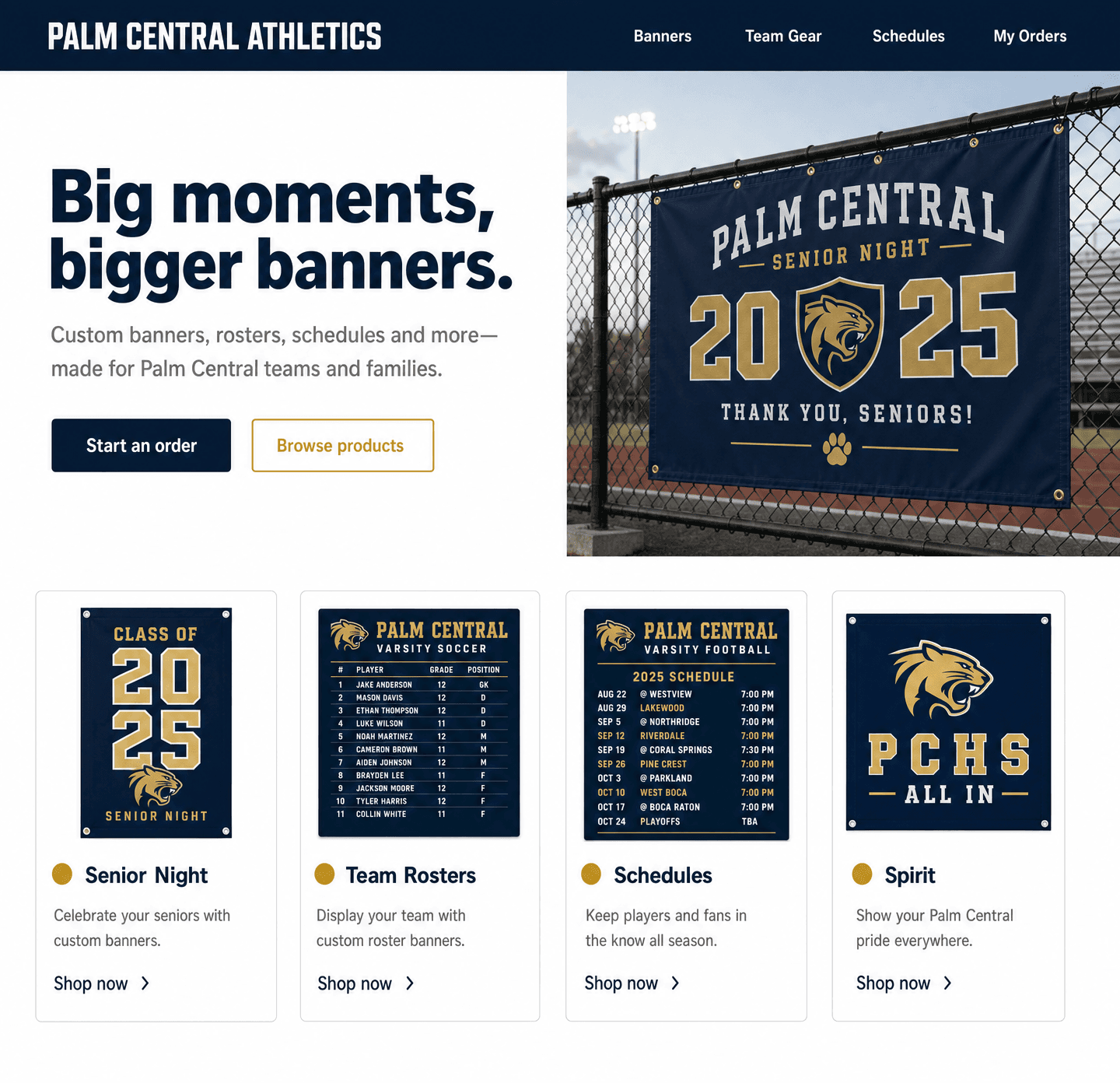 Palm Central Athletics team store home page